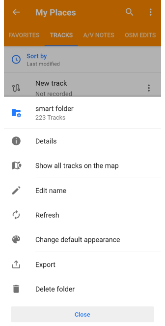 My places tracks sort function Android
