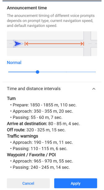 Voice Navigation announcement timing Android