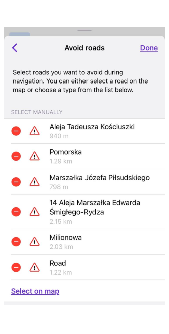 Avoid road menu iOS