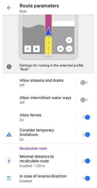 Boat routing settings Android