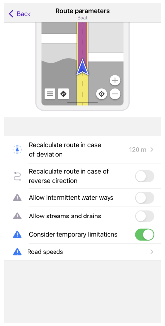 Boat routing settings iOS