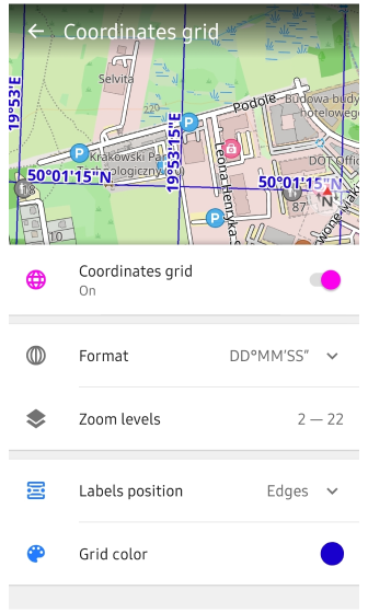 Coordinates grid menu