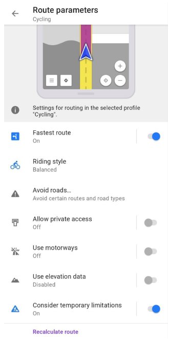 Bicycle routing settings