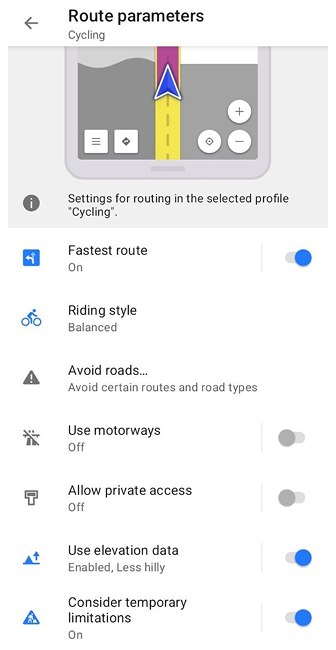 Bicycle routing settings