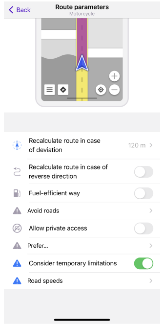 Motorbicke routing settings iOS 2