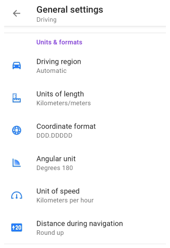 Profiles General Settings Units &amp; formats Android