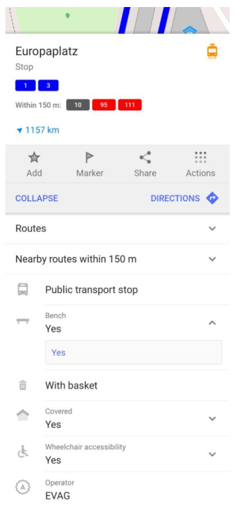 Public transport Route menu details Android