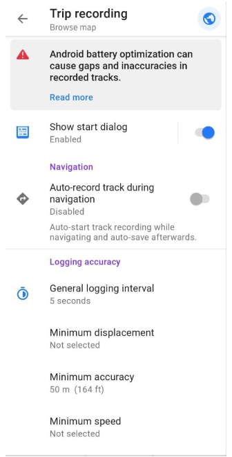 Configuring Trip recording in Android