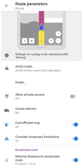 Car routing settings Android
