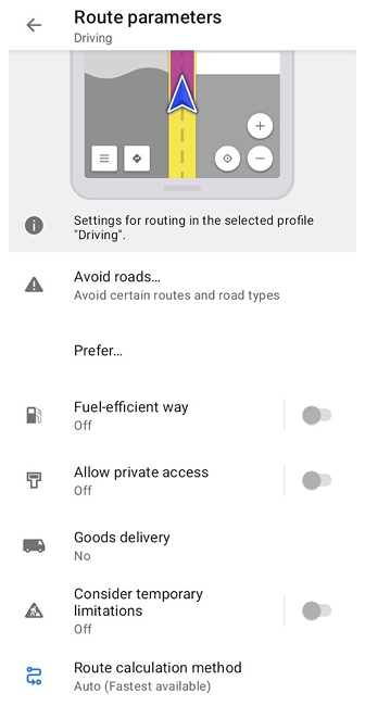 Car routing settings Android