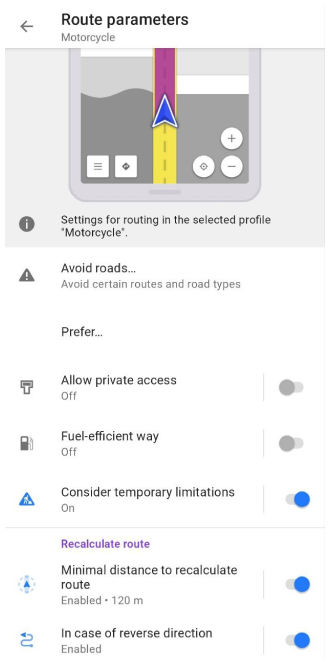 Motorbicke routing settings Android 2