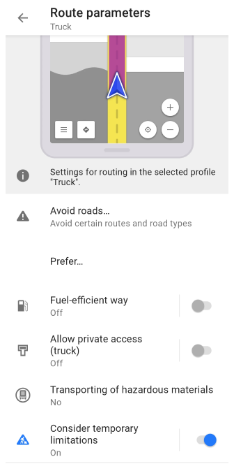 Truck routing settings Android 2