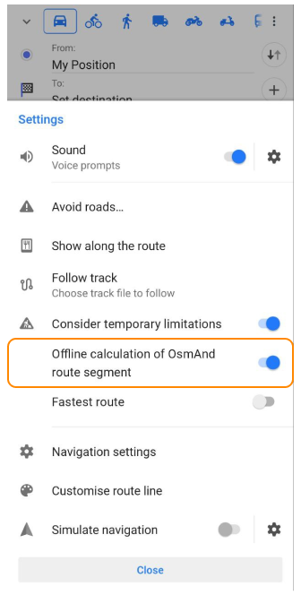 Settings Online routing Android