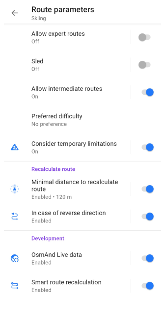 Ski routing settings Android 2