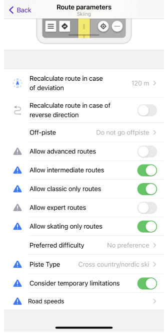 Ski routing settings iOS 1