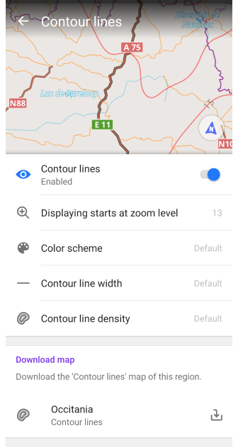 Contour lines menu Android