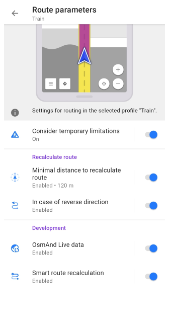 Train routing settings Android