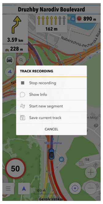 Trip recording menu iOS