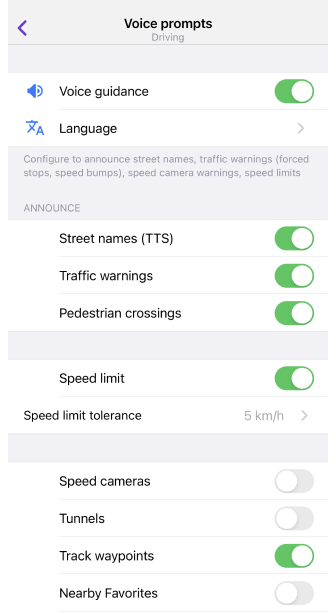 Voice Navigation settings iOS