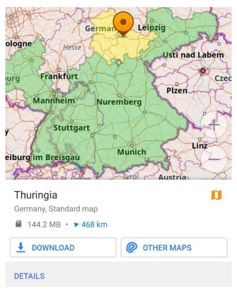 Kurzes Tippen auf die Weltkarte ermöglicht das Herunterladen der Regionskarte