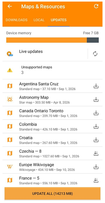Kartenmenü Karten aktualisieren Android