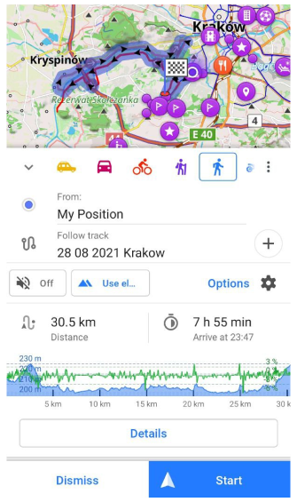 Navigationsbildschirm entlang eines Tracks Android