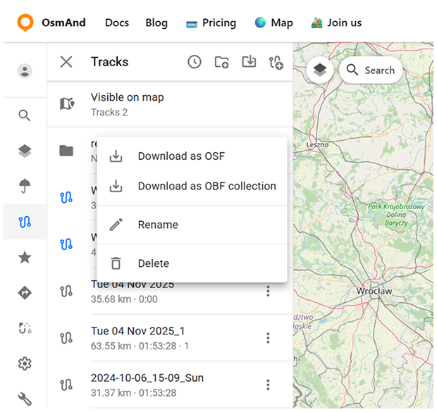 Menú de carpeta de pistas