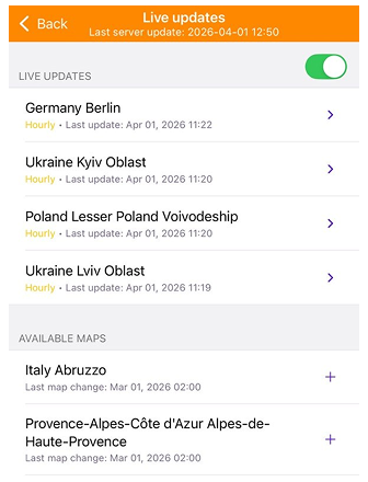 Menú de mapas OsmAnd live iOS