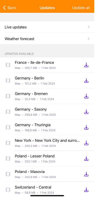 Menú de mapas Actualizar mapas iOS
