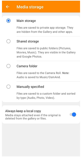 Ajustes de almacenamiento de perfiles Android