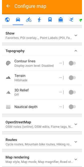 Menú Configurar mapa del Perfil Android