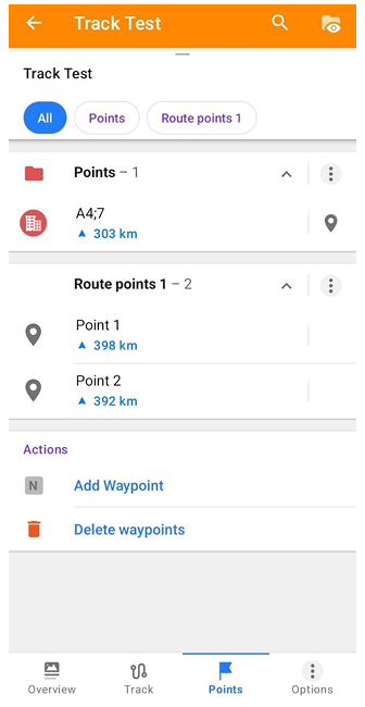 Menú contextual del track Puntos en Android