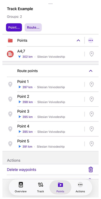 Menú contextual del track Puntos en iOS
