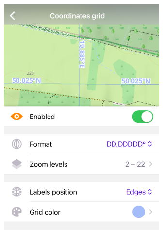 Paramètres grille de coordonnées iOS