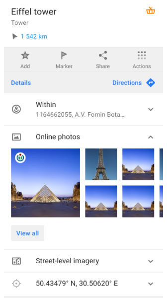 Menu contextuel Photos en ligne Android