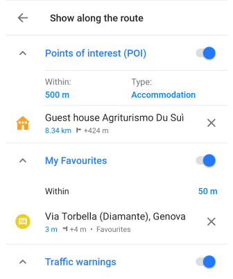 points le long de l&#39;itinéraire