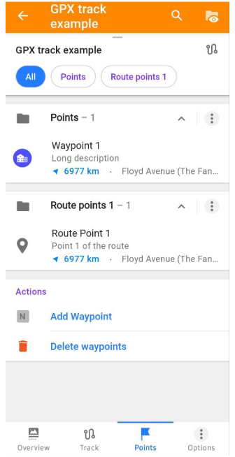 Points du menu contextuel de la trace Android