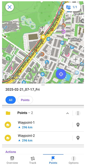 Points du menu contextuel de la trace Android