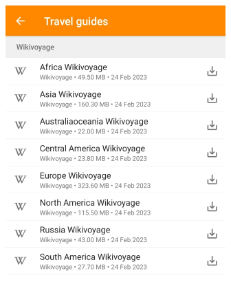 Menu de téléchargement des guides de voyage