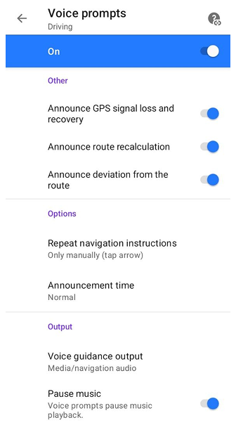 Paramètres de navigation vocale Android