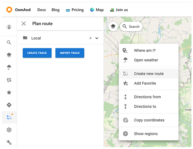 OsmAnd Web Create New Route