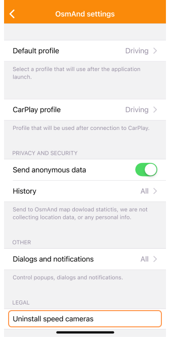 Impostazioni generali Autovelox iOS