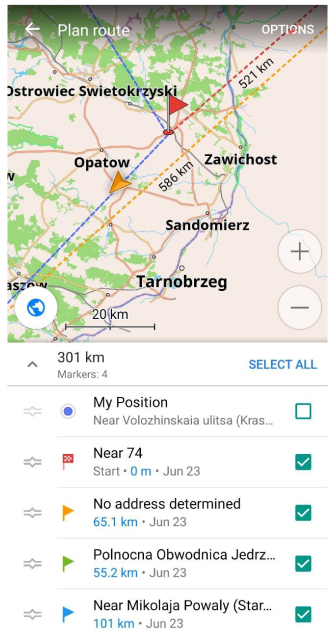 Punkty trasy planu znaczników mapy Android