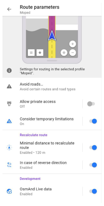 Ustawienia wyznaczania trasy dla motoroweru Android