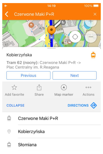 Lista tras transportu publicznego iOS