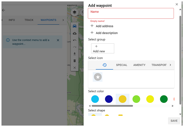 Panel Punkty trasy w OsmAnd Web