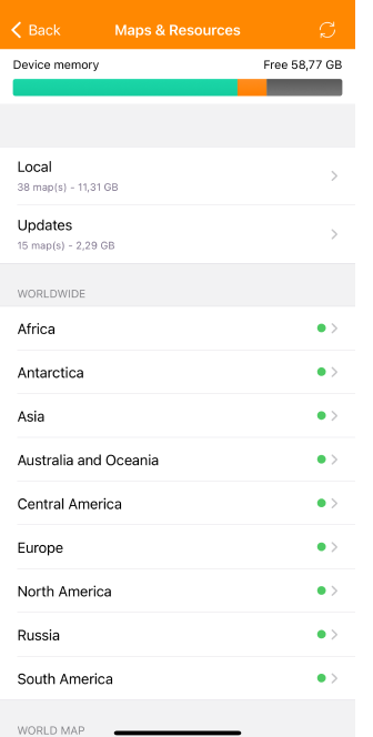 Menu de download de mapas geral iOS