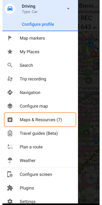 Menu de mapas Android