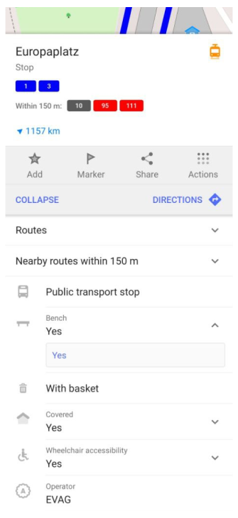 Detalhes do menu de rota de transporte público Android