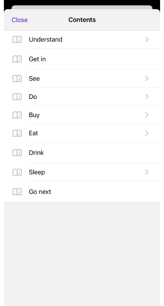 Menu de pesquisa de guias de viagem